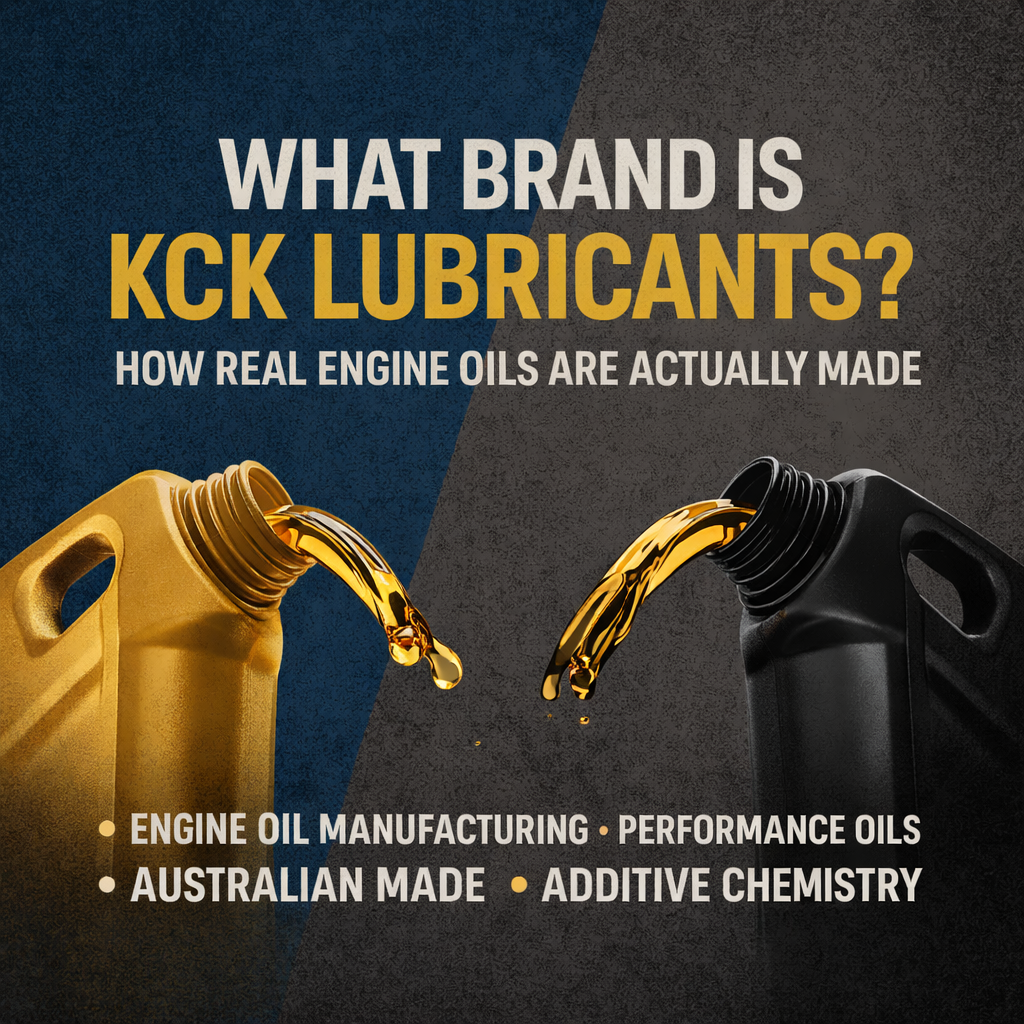Graphic showing KCK Lubricants engine oil manufacturing, comparing oil containers and explaining how real performance engine oils are made.