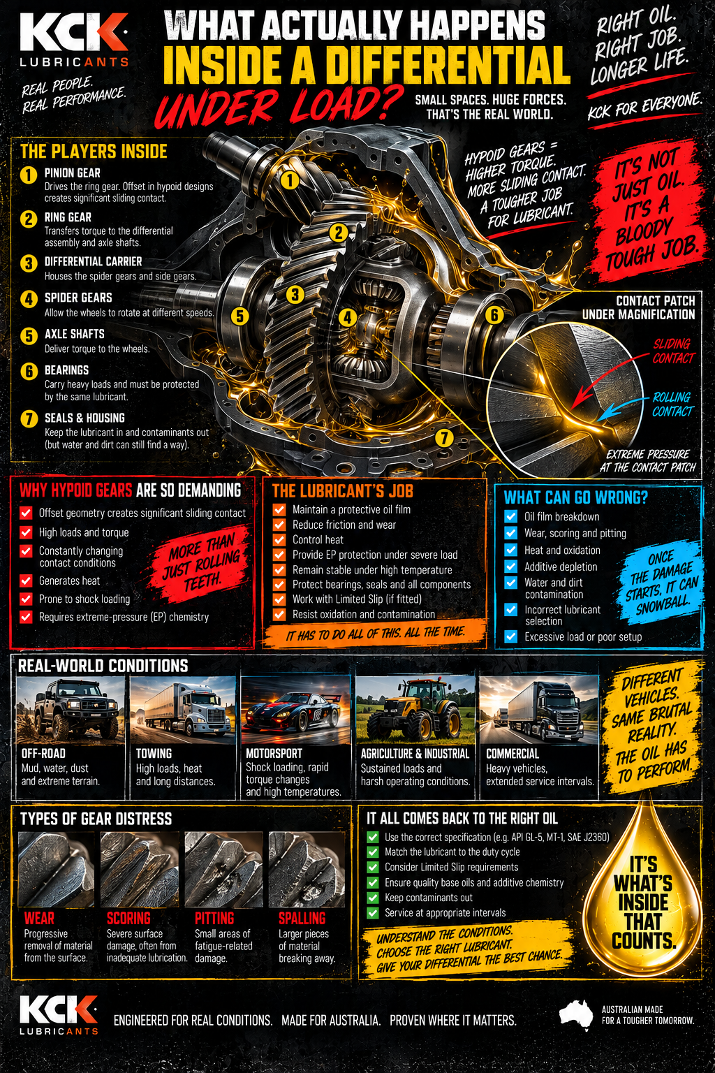 KCK infographic explaining what happens inside a differential under load, including hypoid gears, sliding contact, heat, EP chemistry, shock loading and gear wear.