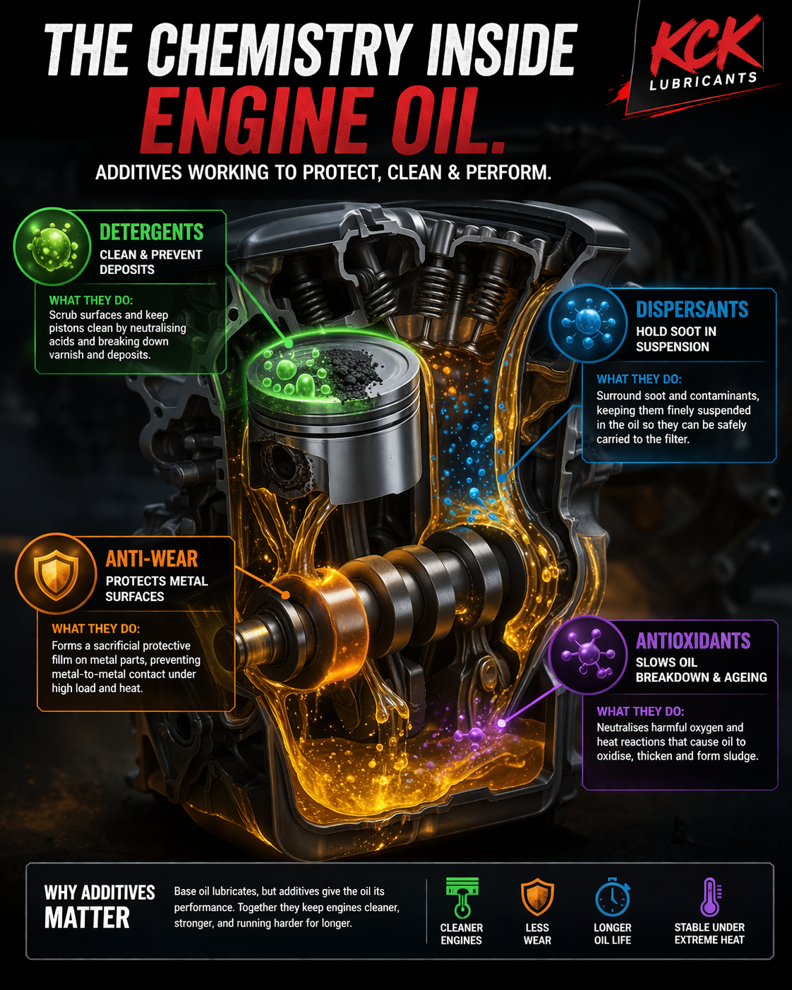 Engine oil additives infographic showing detergents cleaning pistons, dispersants suspending soot, anti-wear protection on camshaft, and antioxidants preventing oil breakdown.