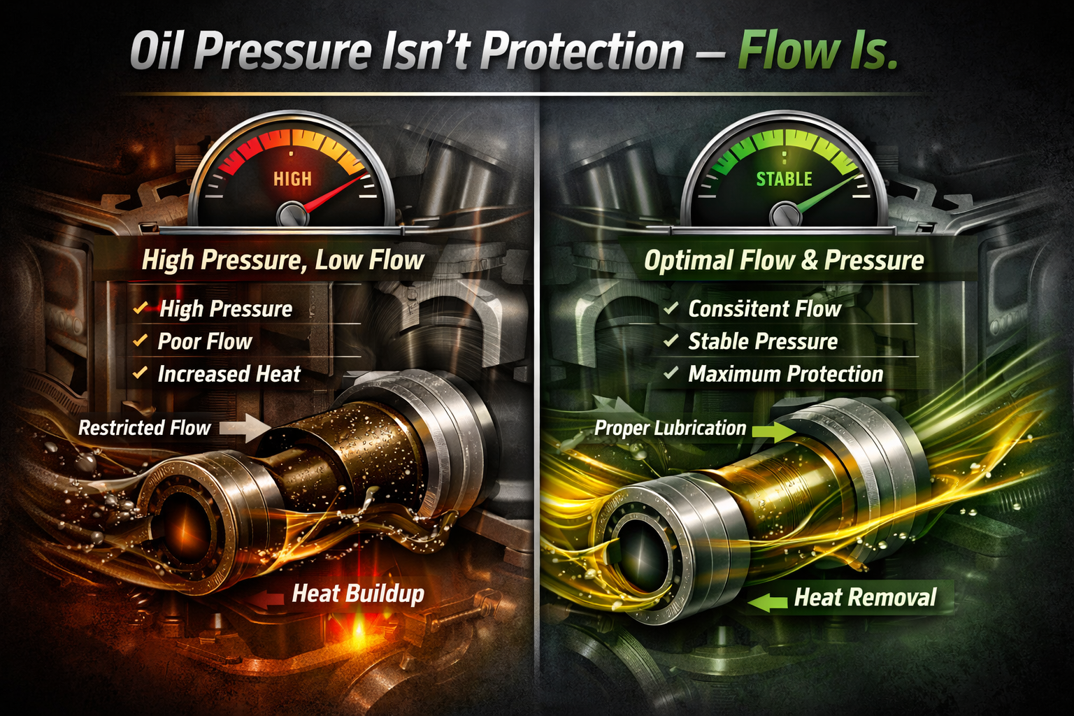 Engine oil pressure vs oil flow infographic showing high pressure low flow causing heat buildup compared to optimal oil flow and stable pressure providing proper lubrication and cooling