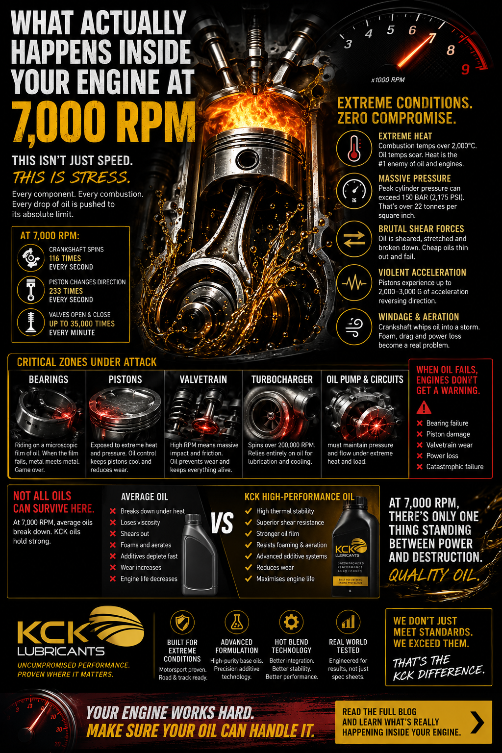 High-performance engine infographic showing the extreme heat, pressure, and stress inside an engine at 7,000 RPM and the critical role of premium engine oil protection.