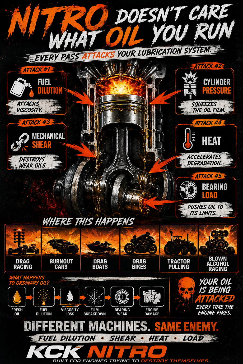 Nitro and methanol racing engine oil infographic showing fuel dilution, viscosity loss, mechanical shear, heat, bearing load and engine damage in drag racing and high-performance engines.