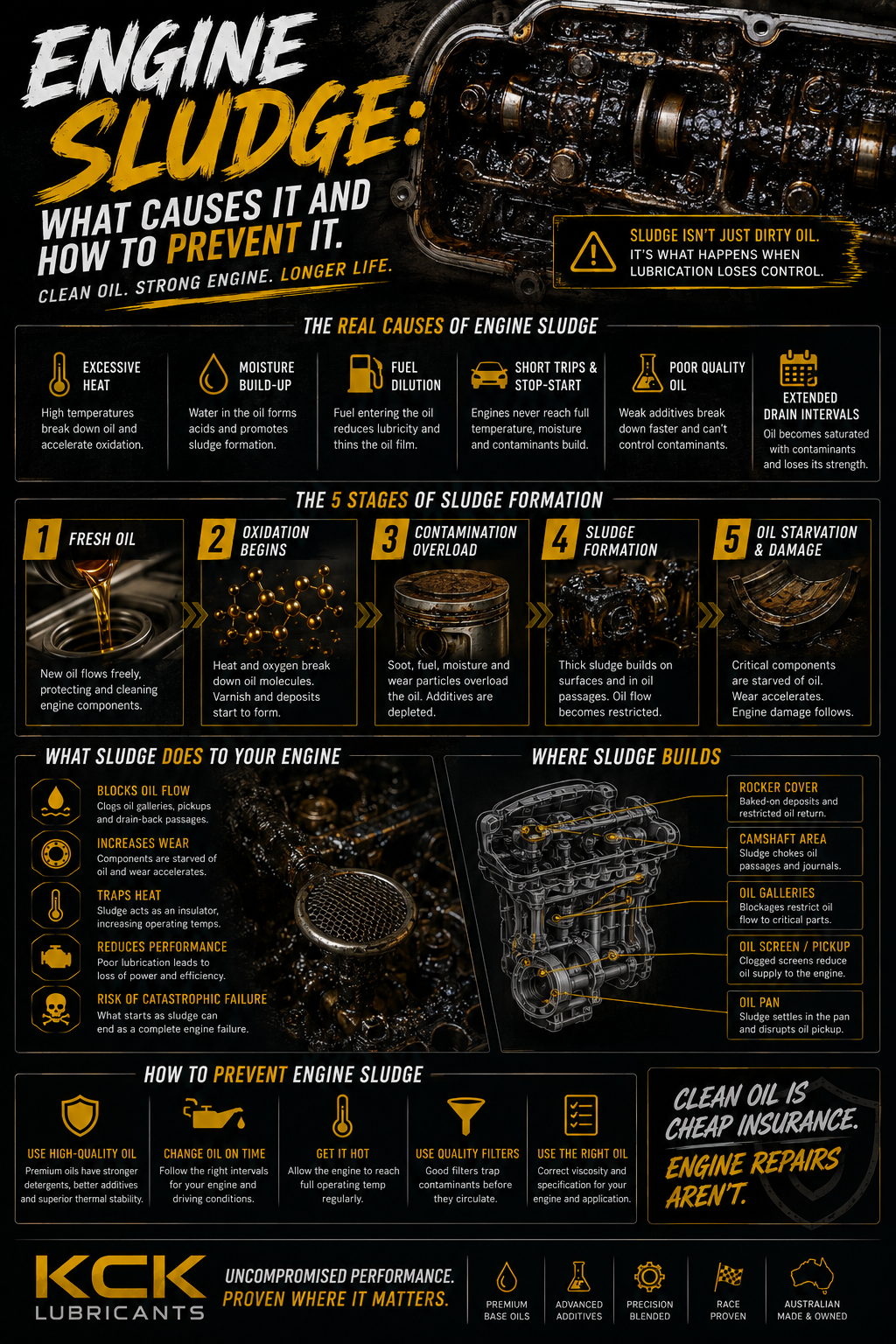 Technical infographic illustrating the causes of engine sludge in modern engines, including oxidation, fuel dilution, moisture contamination, thermal breakdown, and oil starvation, with prevention tips using high-performance engine oil.