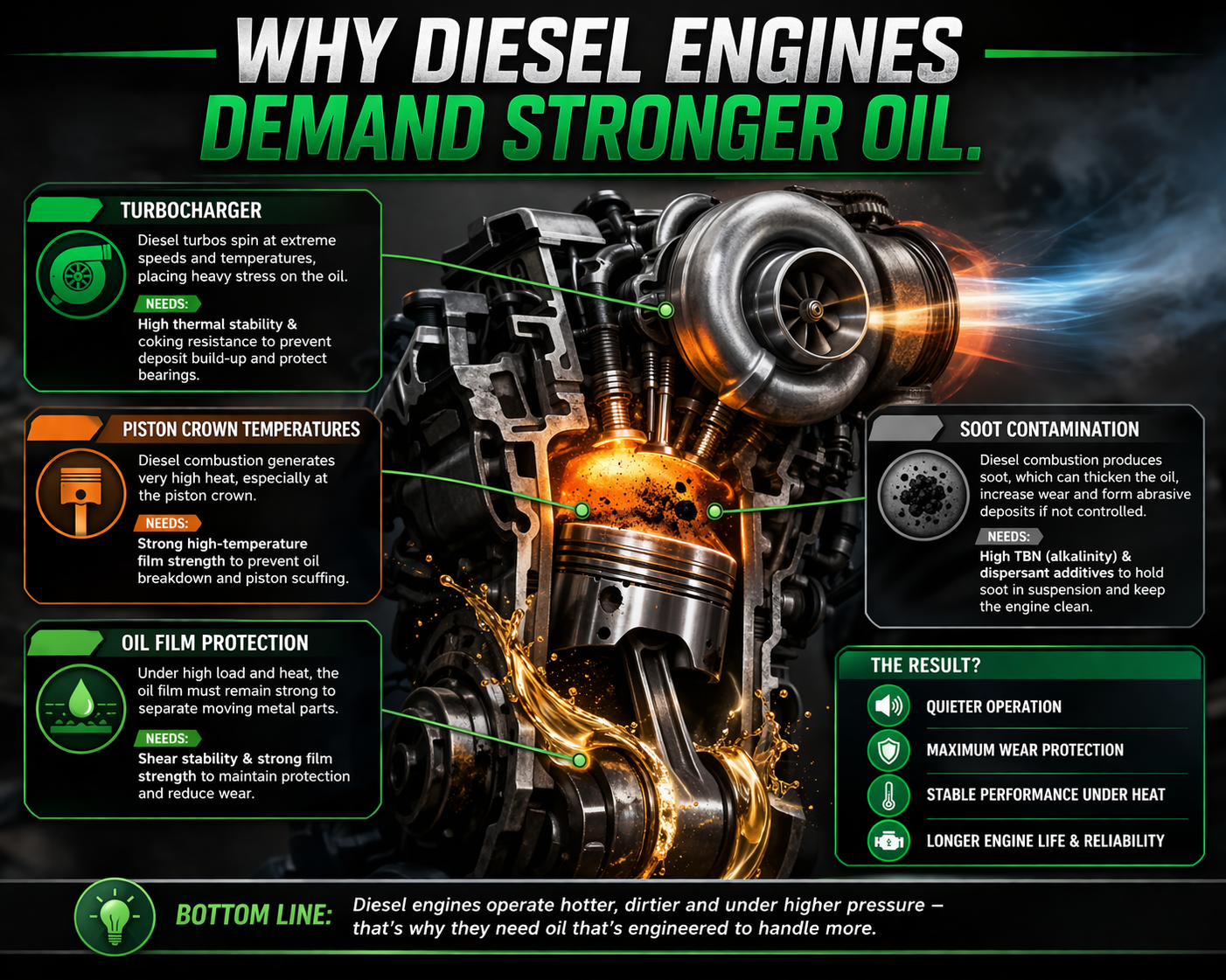 diesel engine oil infographic showing turbocharger heat piston temperatures soot contamination and oil film protection under high load conditions