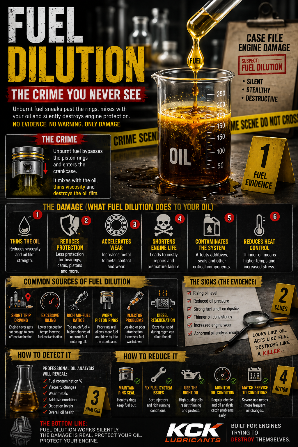 Fuel dilution infographic showing how fuel contamination thins engine oil, reduces protection and accelerates engine wear.