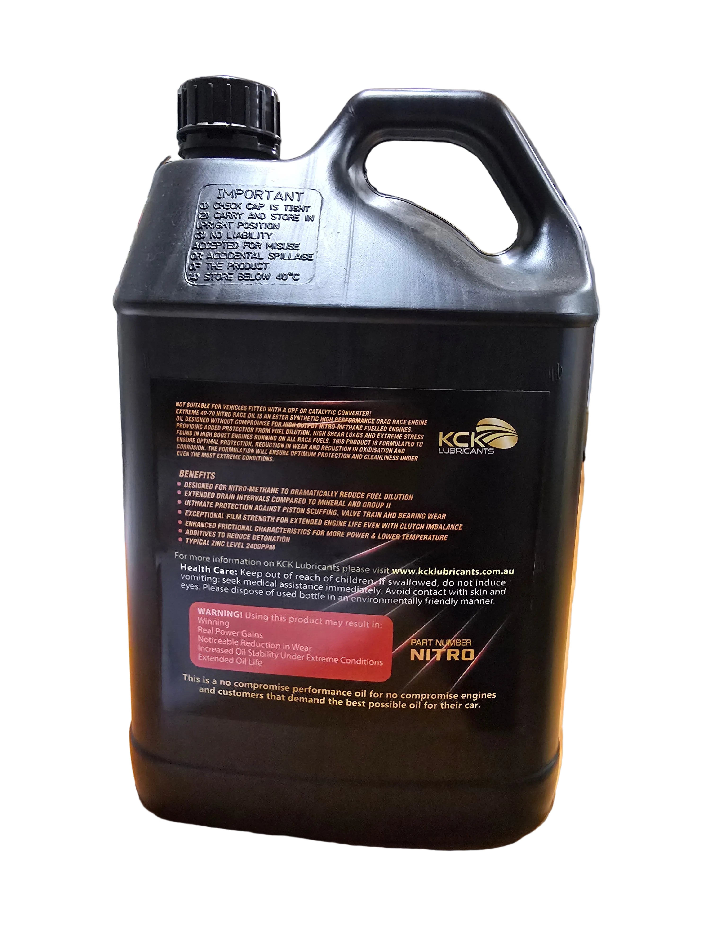 Rear label of KCK NITRO Extreme 40–70 Nitro-Methane Racing Engine Oil showing technical specifications, racing application details, and performance information.