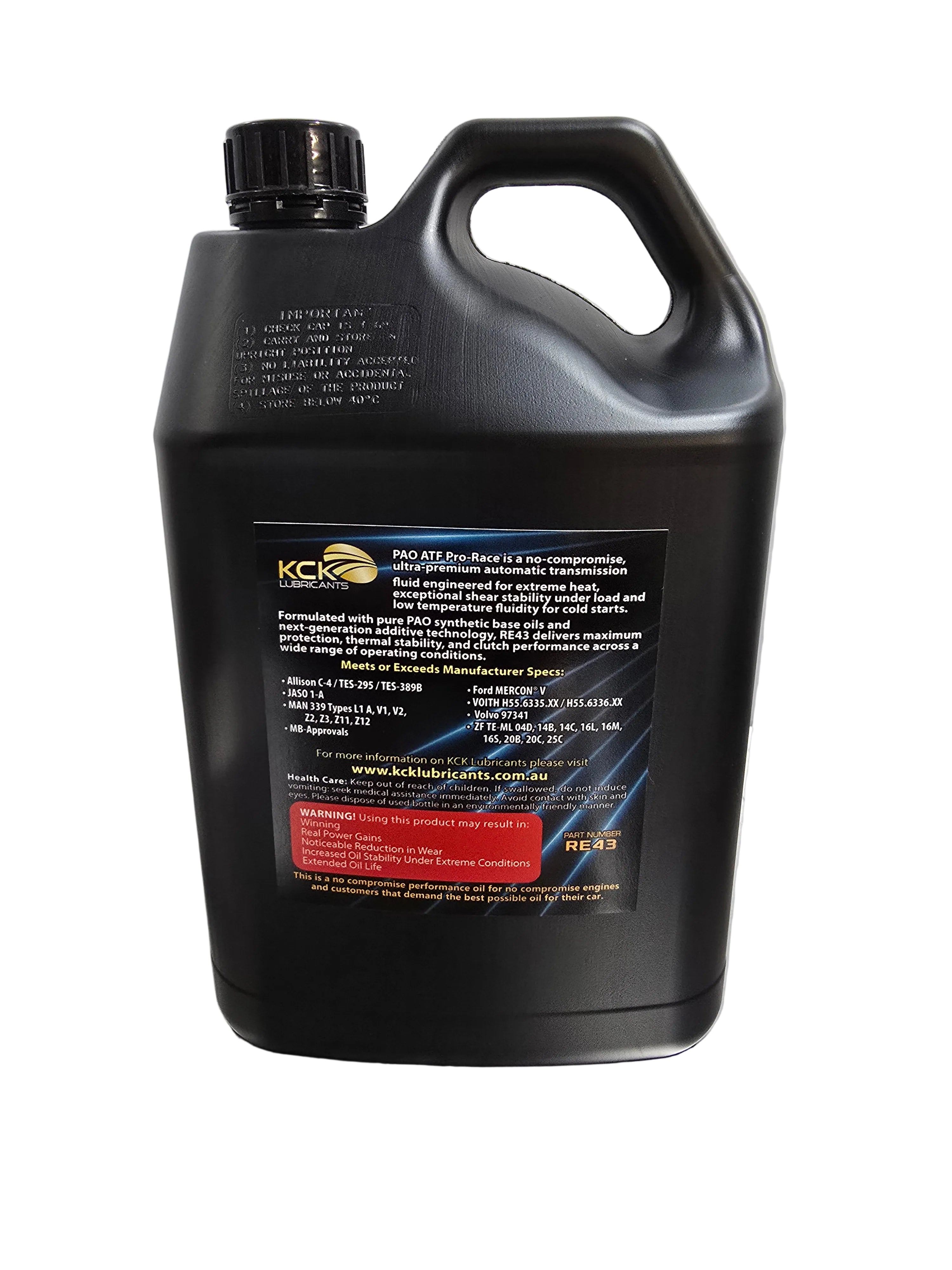 KCK RE43 PAO ATF bottle rear premium automatic transmission fluid for smooth shifting and high load protection