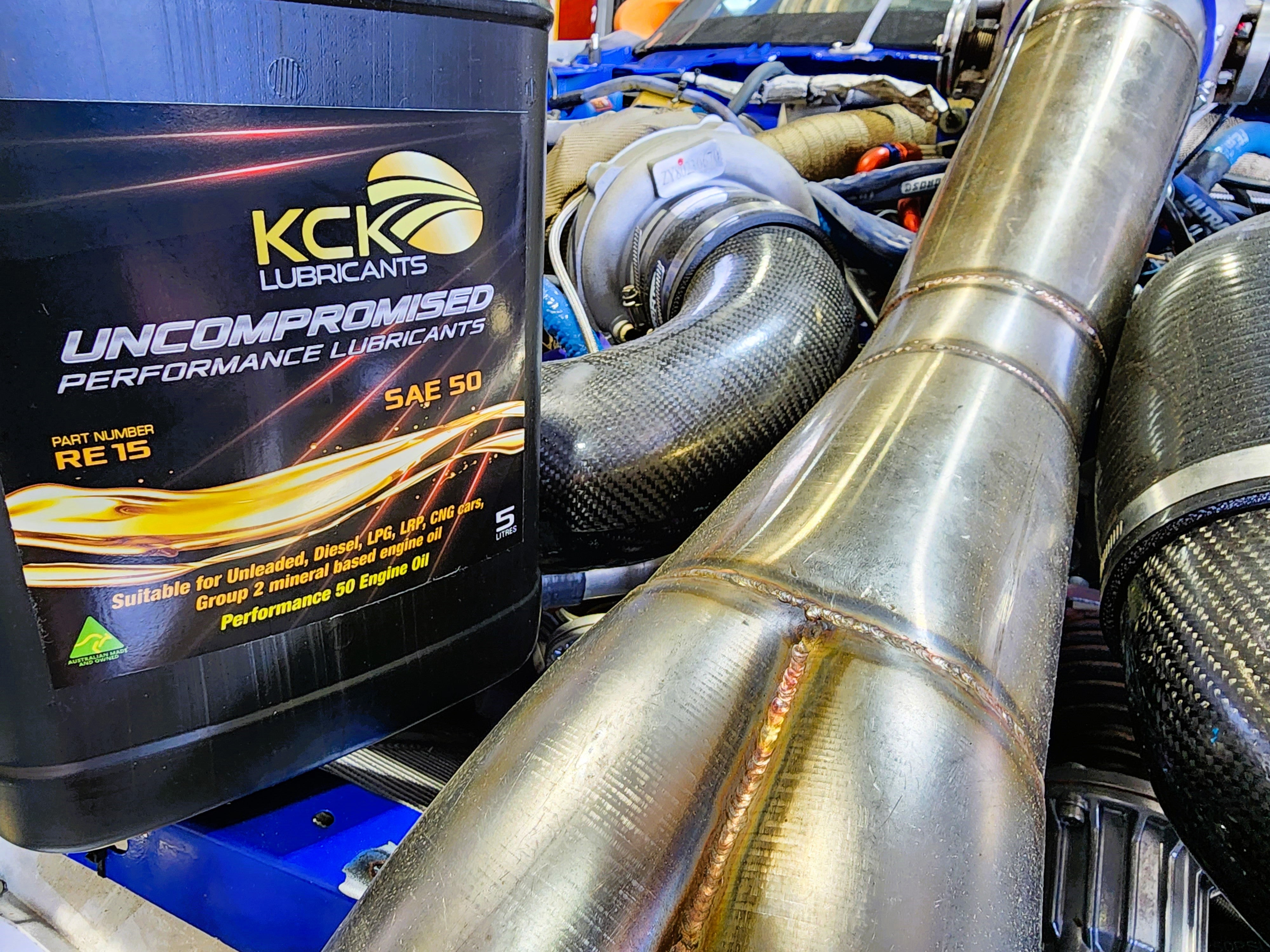 KCK Lubricants Performance 25w60 Engine Oil Group 2 mineral-based high-viscosity engine oil - 5l bottle front on twin turbo V8 race car