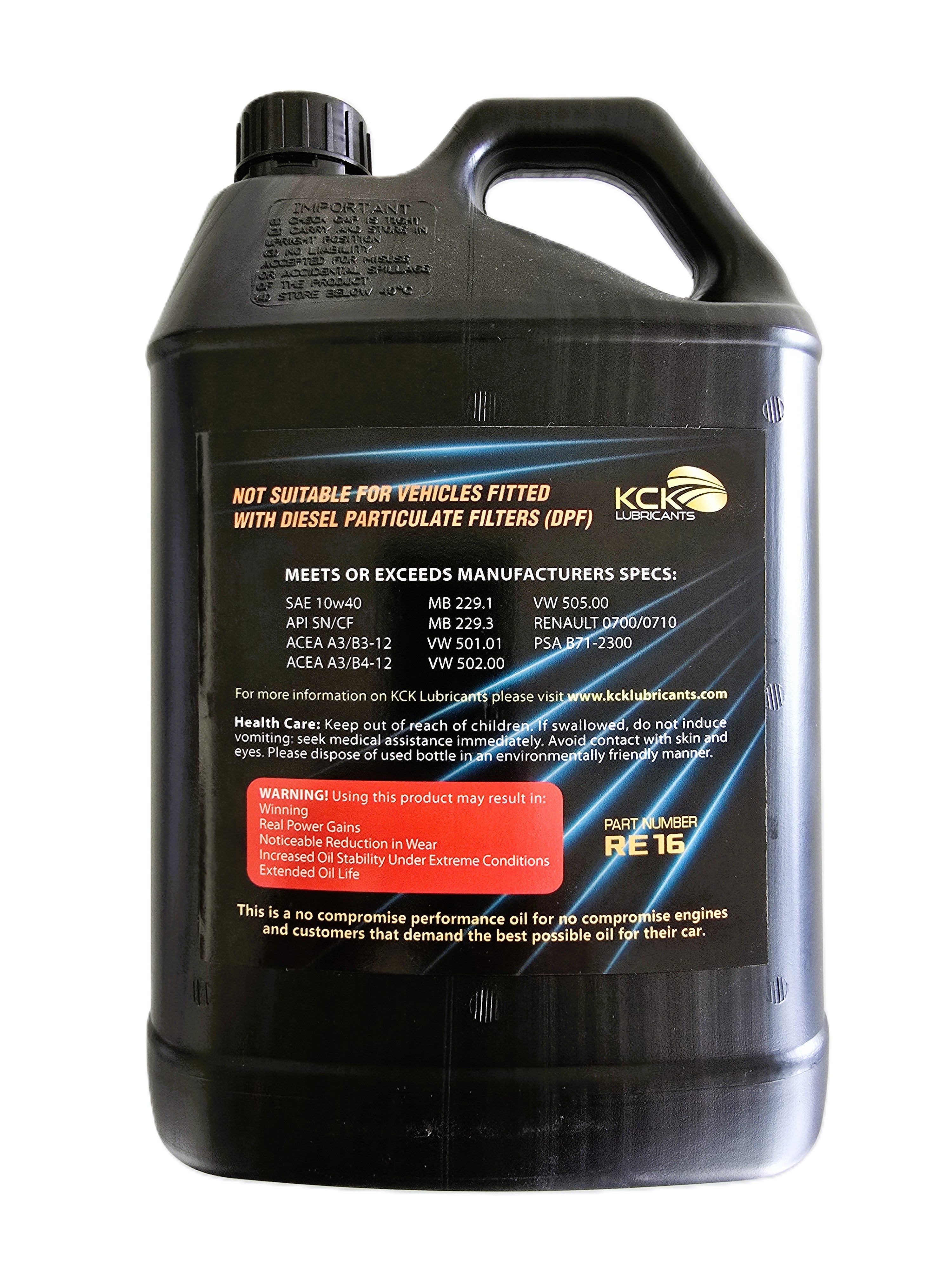 KCK Lubricants 10w40 full synthetic oil engine oil - Rear of 5l bottle