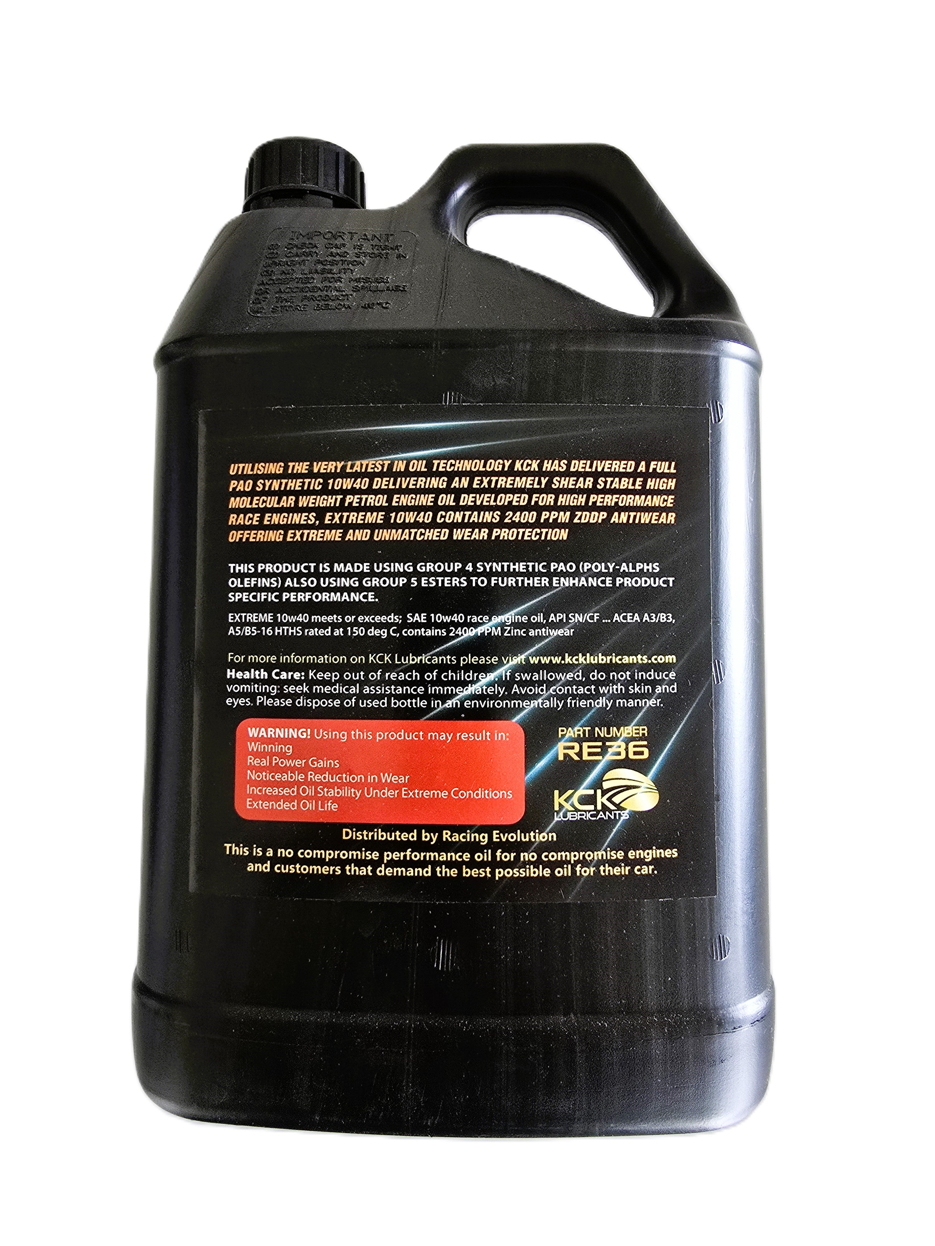 KCK Lubricants Extreme 10W-40 PAO Racing Engine Oil—a full PAO synthetic 10W40 motor oil - 5l bottle rear