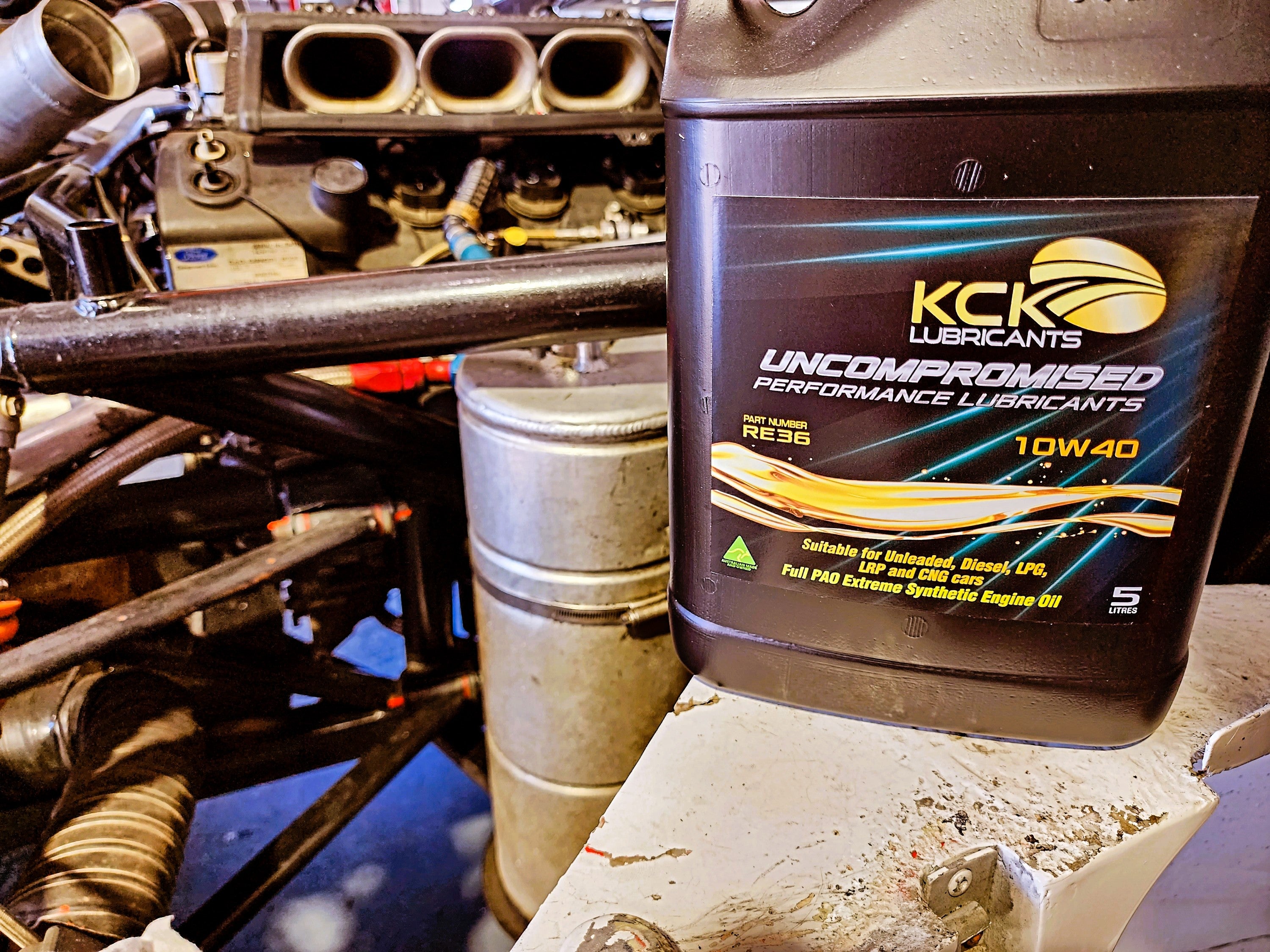 KCK Lubricants Extreme 10W-40 PAO Racing Engine Oil—a full PAO synthetic 10W40 motor oil - 5l bottle front Ginetta race car