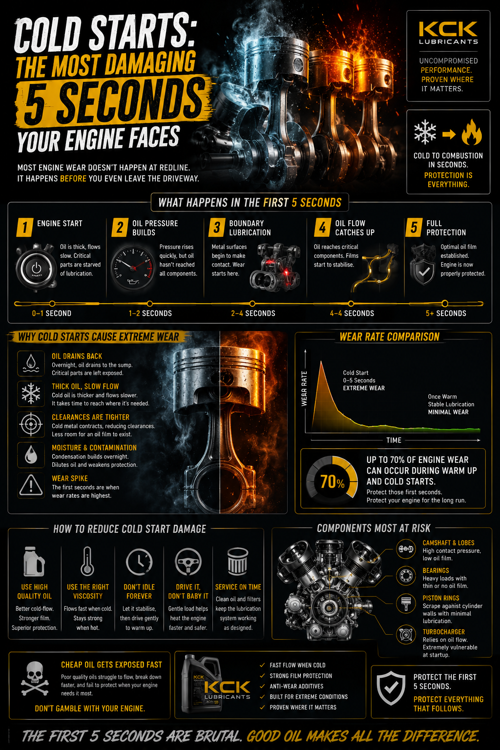 Technical infographic illustrating cold start engine wear, oil pressure buildup, lubrication film breakdown, viscosity effects, and startup protection using high-performance synthetic engine oil.