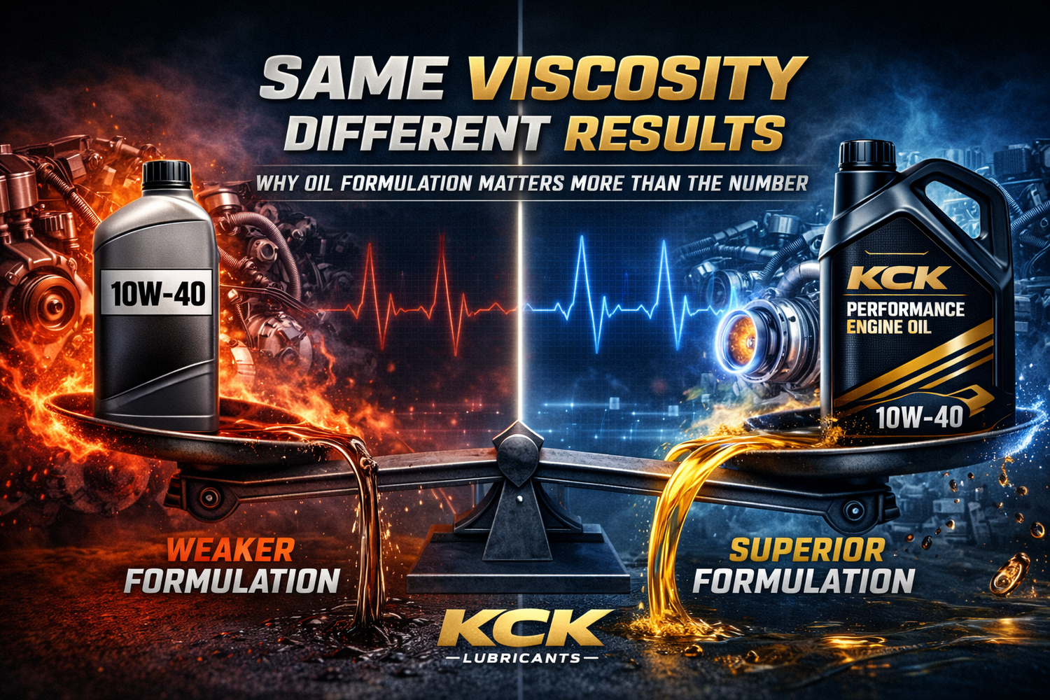 Comparison of two 10W-40 engine oils on a balance scale showing weaker formulation versus KCK Performance Engine Oil, highlighting how oil formulation impacts engine protection, performance and durability despite identical viscosity ratings.