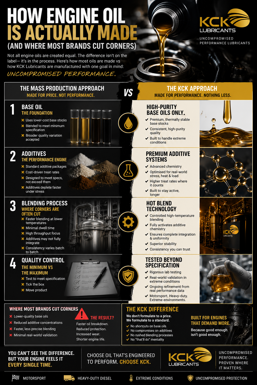 Detailed infographic showing how engine oil is made, comparing standard mass production methods with KCK Lubricants’ high-performance approach, including base oil quality, additive systems, blending, and testing.