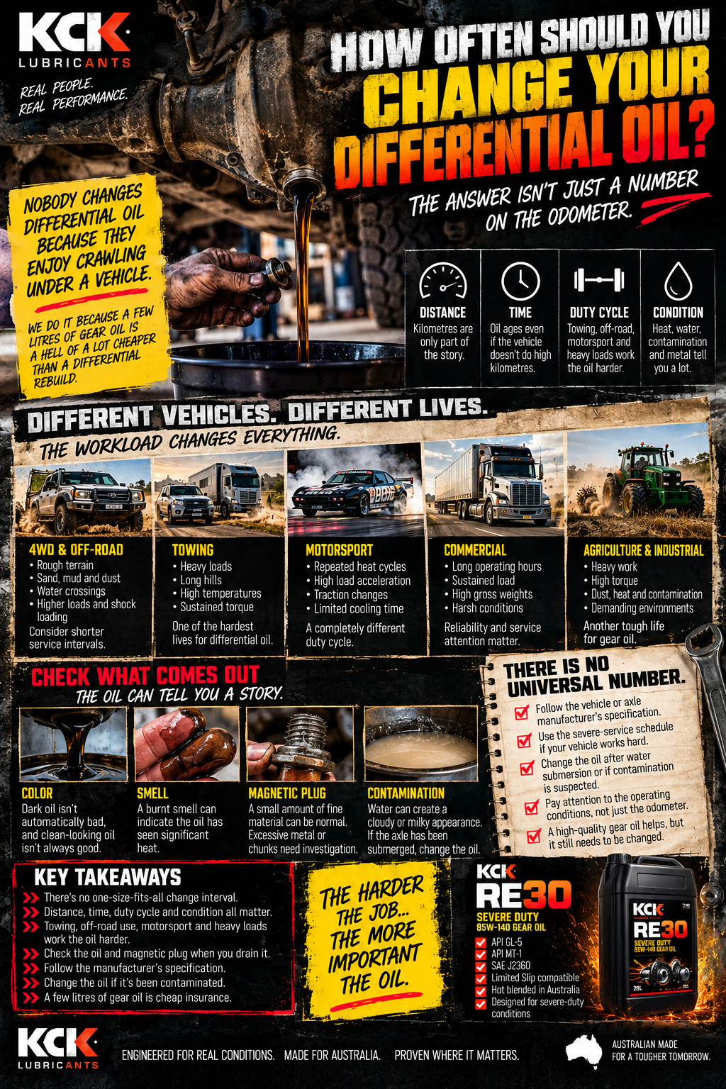 KCK infographic explaining when to change differential oil based on mileage, time, workload, towing, off-road use, heat, water and oil condition.