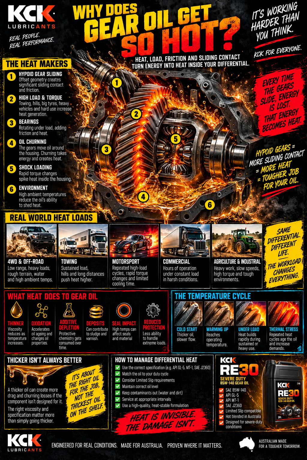 KCK infographic explaining why gear oil gets hot, covering friction, sliding contact, load, towing, heat, oxidation and severe-duty lubrication.