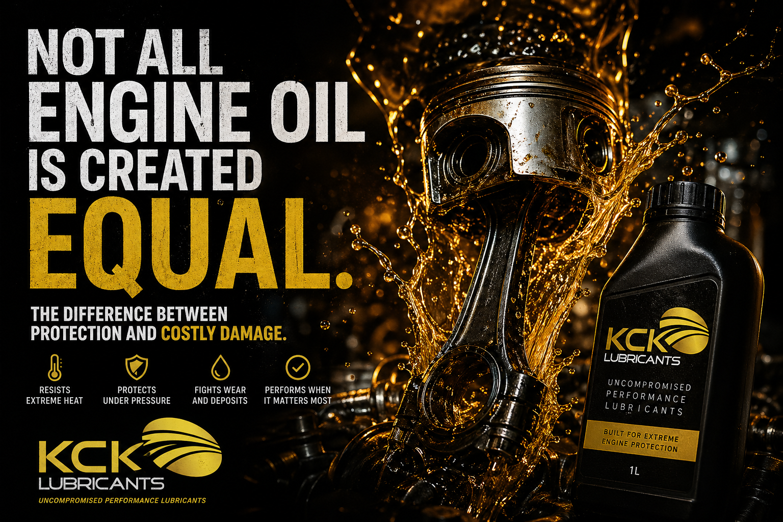 Piston under extreme heat and pressure surrounded by oil splash, showing how high-performance engine oil prevents wear and costly engine damage.