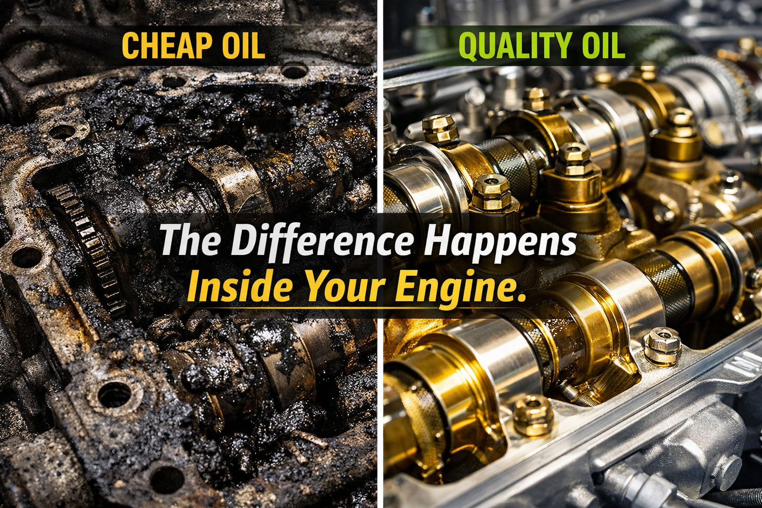 cheap vs premium engine oil comparison showing sludge buildup and wear in dirty engine versus clean lubricated engine with smooth oil film