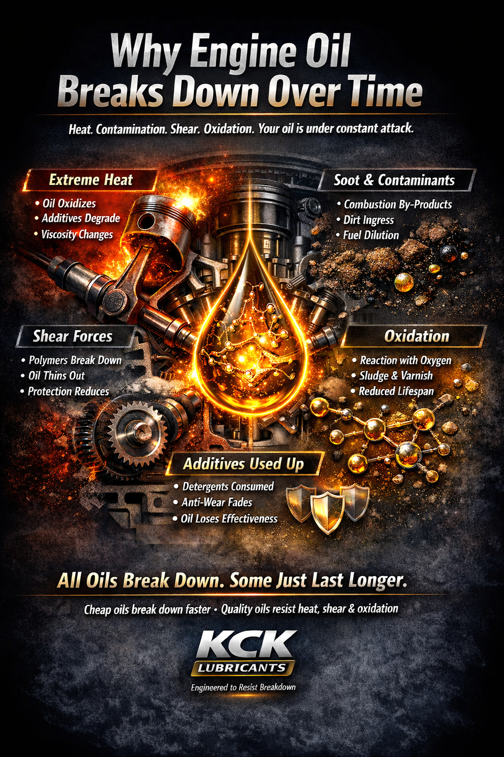 engine oil breakdown infographic showing heat contamination shear oxidation and additive depletion affecting oil performance over time