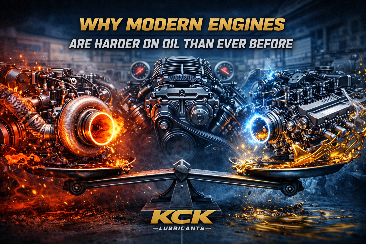 Illustration of turbocharger heat, piston with tight tolerances and high-temperature engine components highlighting the increased demands modern engines place on engine oil