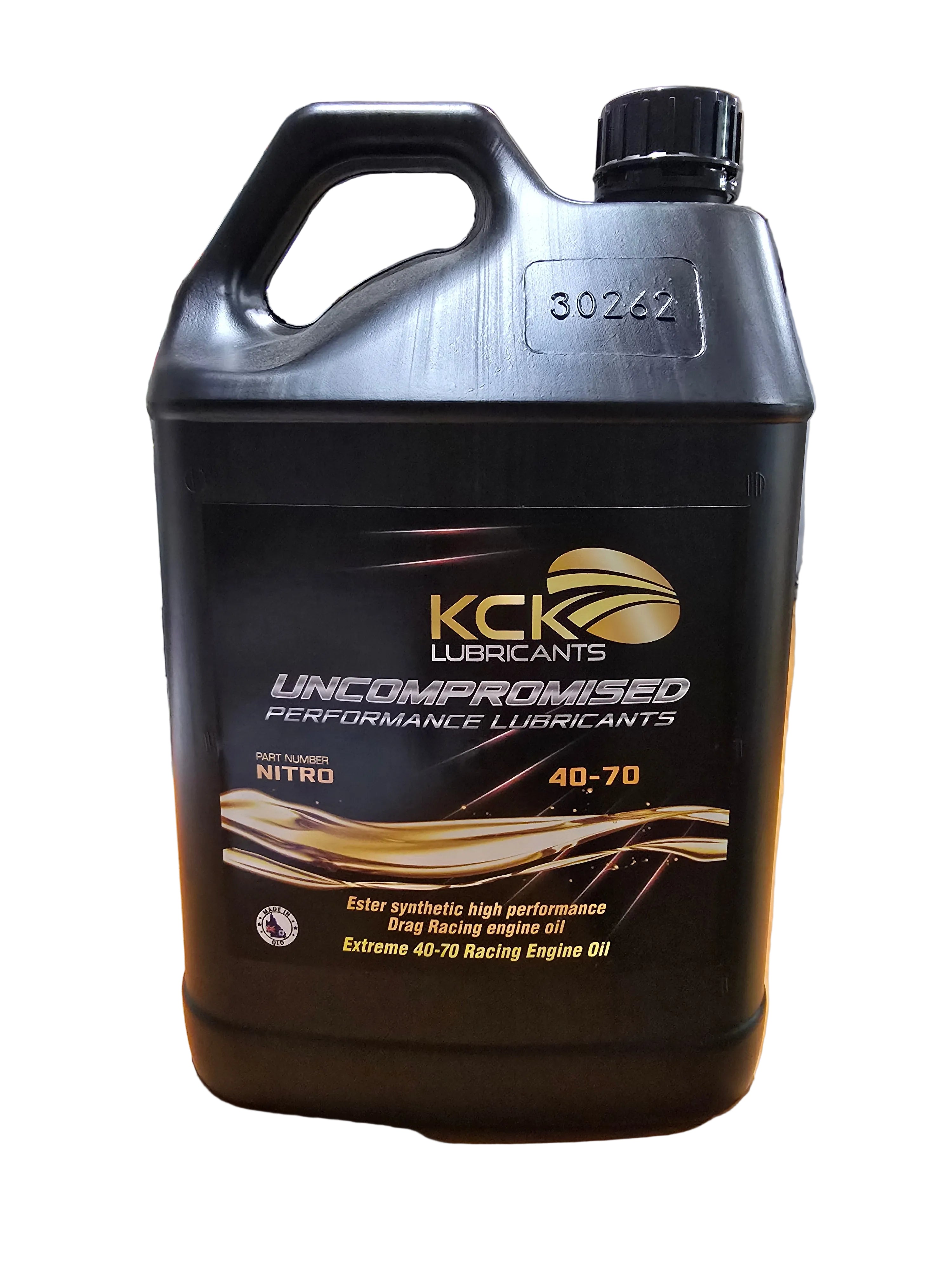 KCK NITRO Extreme 40–70 Nitro-Methane Racing Engine Oil bottle designed for Top Fuel, Funny Car, Pro Mod, and methanol drag racing engines.
